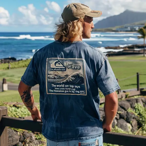 Men's Wave Surf Print Beach Loose Short Sleeve Oversized T-Shirt - Wayrates.com 