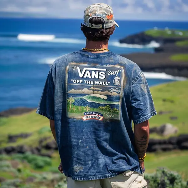 Men's Vans Surf Print Beach Loose Short Sleeve Oversized T-Shirt - Cotosen.com