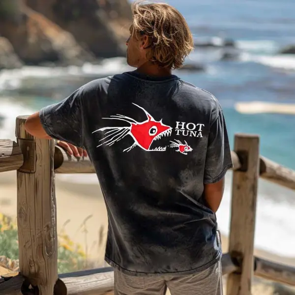 Men's Fish Surfing Print Beach Loose Short Sleeve Oversized T-Shirt - Dozenlive.com 