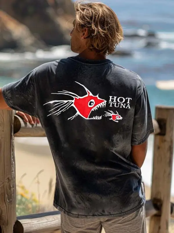 Men's Fish Surfing Print Beach Loose Short Sleeve Oversized T-Shirt - Menbarn.com 