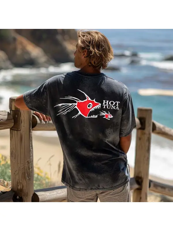 Men's Fish Surfing Print Beach Loose Short Sleeve Oversized T-Shirt - Anrider.com 