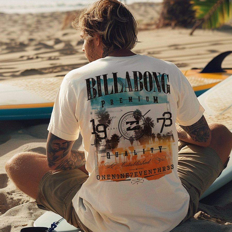 

Men's Vintage Billabong Teahupoo Tahiti 2024 Surf Print Beach Loose Short Sleeve T-Shirt