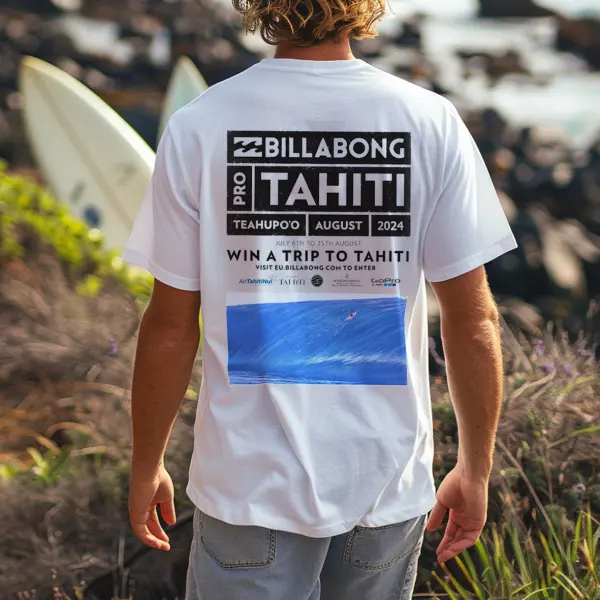 Men's Vintage Teahupoo Tahiti 2024 Surf Print Beach Loose Short Sleeve T-Shirt - Dozenlive.com 