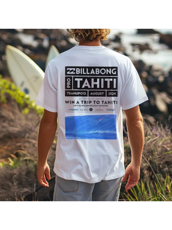 Men's Vintage Teahupoo Tahiti 2024 Surf Print Beach Loose Short Sleeve T-Shirt - Anrider.com 