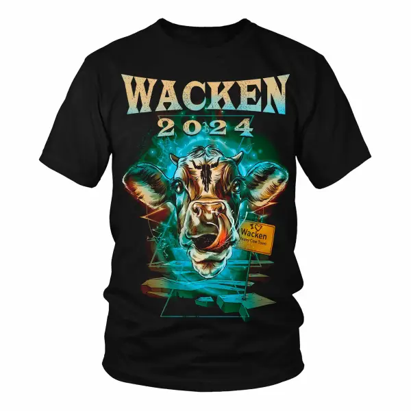 Men's Vintage Wacken Rock Music Festival Cow Head Print Daily Short Sleeve Round Neck T-Shirt - Elementnice.com 