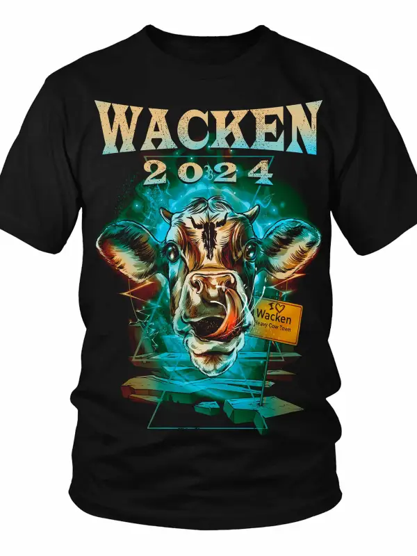 Men's Vintage Wacken Rock Music Festival Cow Head Print Daily Short Sleeve Round Neck T-Shirt - Menwyx.com 