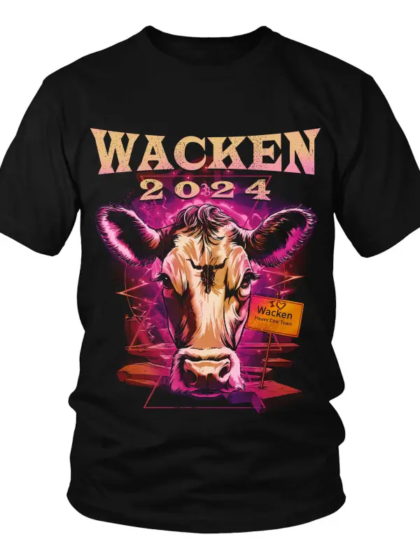 Men's Vintage Wacken Rock Music Festival Cow Head Print Daily Short Sleeve Round Neck T-Shirt - Menwyx.com 