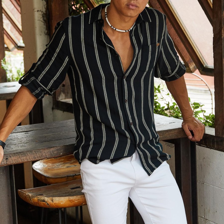 

Men's Vintage Striped Print Surf Beach Short Sleeve Shirt
