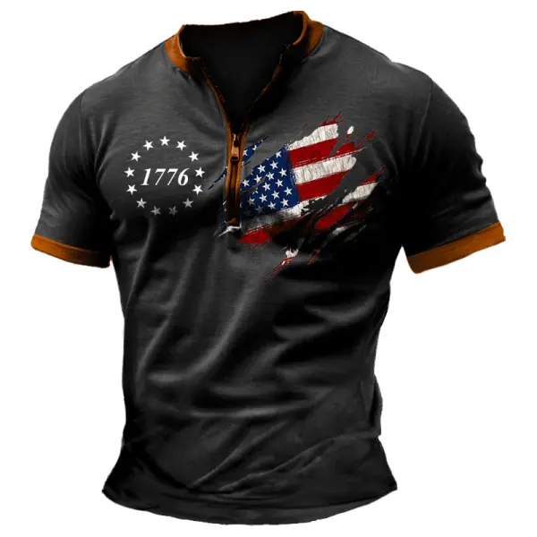 Men's Vintage American 1776 Patriotic Print Zipper Daily Short Sleeve T-Shirt - Cotosen.com