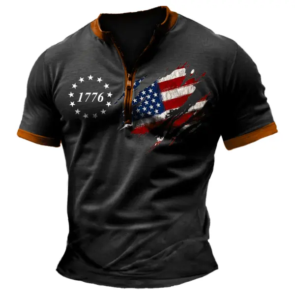 Men's Vintage American 1776 Patriotic Print Zipper Daily Short Sleeve T-Shirt - Dozenlive.com 