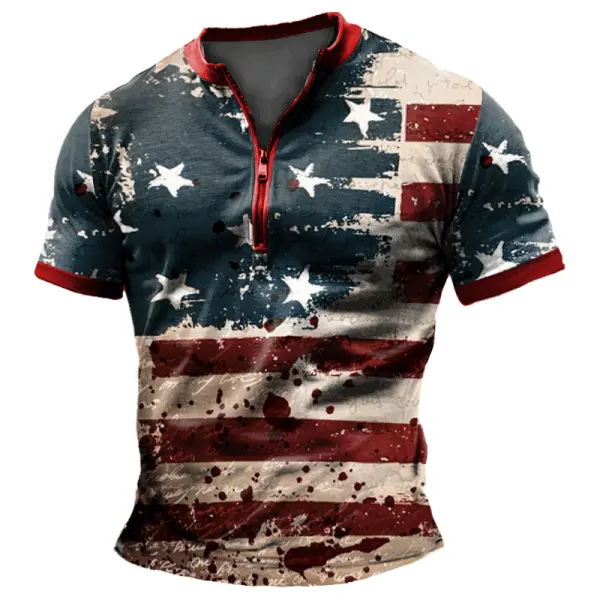 Men's Vintage American 1776 Patriotic 3DPrint Zipper Daily Short Zipper Sleeve T-Shirt - Dozenlive.com 