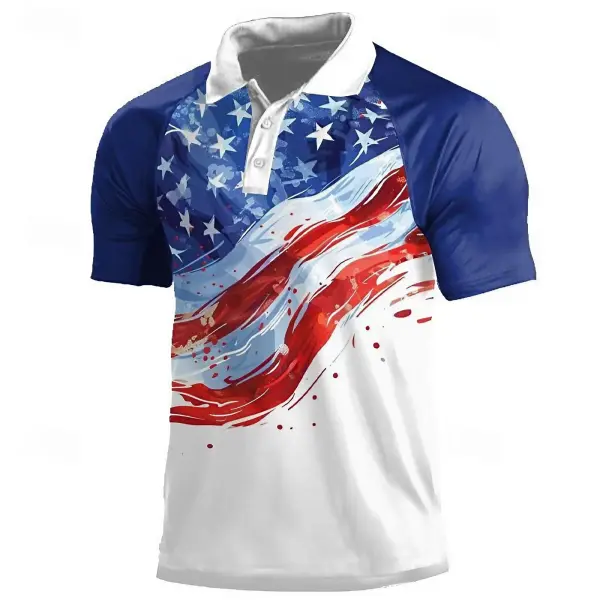 Men's Vintage America Flag July 4th Print Color Block Raglan Sleeve Short Sleeve Polo T-Shirt - Wayrates.com 
