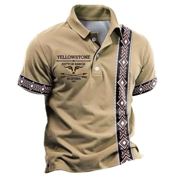 Men's Vintage Yellowstone Aztec Print Short Sleeve Polo T-Shirt Only $23.99 - Elementnice.com 