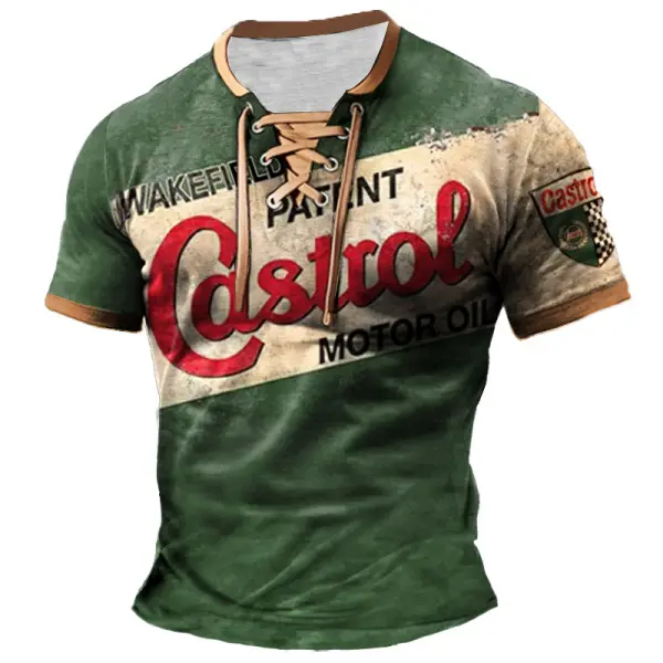 Men's T-Shirt Castrol Motor Oil Racing Vintage Lace-Up Short Sleeve Color Block Summer Daily Tops - Cotosen.com