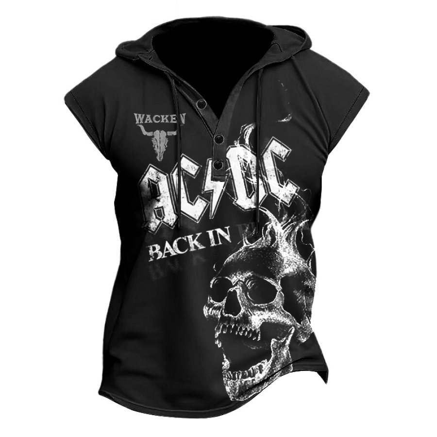 

Men's Vintage Wacken Rock Band Skull Hooded Button Sleeveless Tank Top Tee