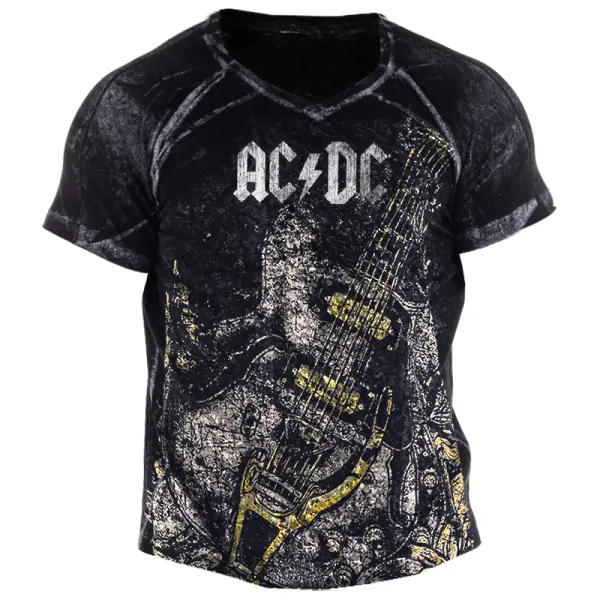 Men's Retro Rock Guitar Distressed V Neck Short Sleeve T-Shirt - Wayrates.com 