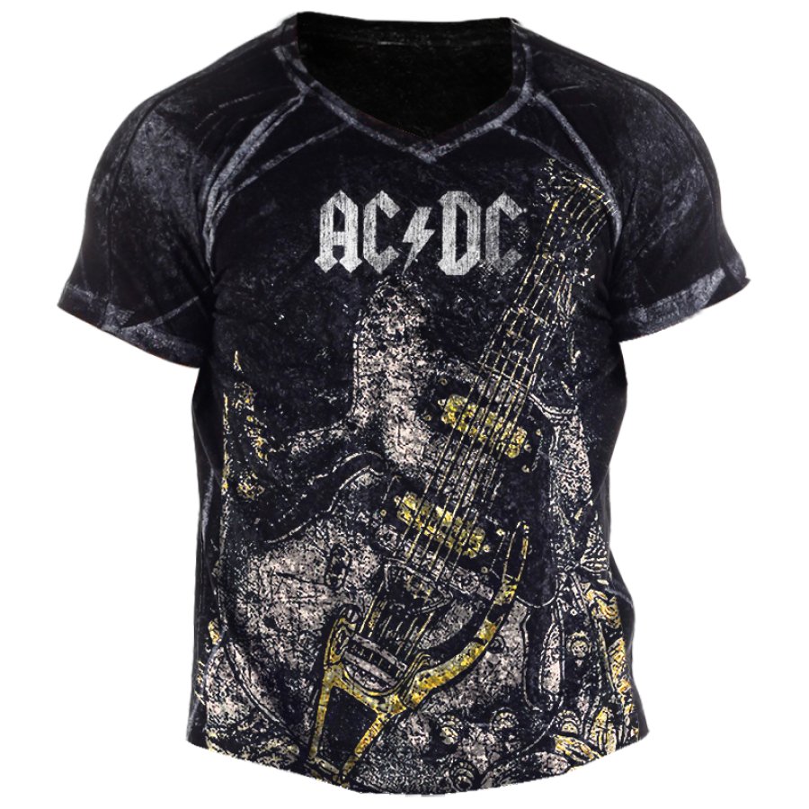 

Men's Retro Rock Guitar Distressed V Neck Short Sleeve T-Shirt