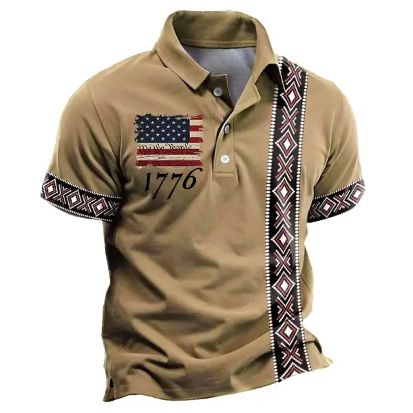 Men's Vintage 1776 American Independence Day July 4th Aztec Print Short Sleeve Polo T-Shirt - Dozenlive.com 