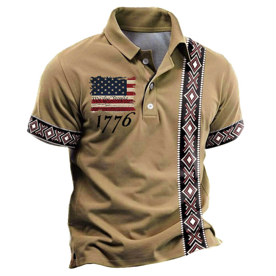 

Men's Vintage 1776 American Independence Day July 4th Aztec Print Short Sleeve Polo T-Shirt