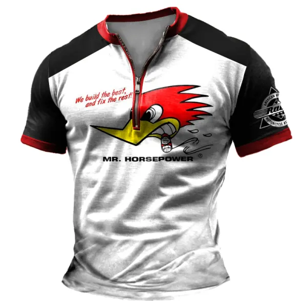 Men's Motor Oil Racing Clay Smith Cams Vintage Color Block Zipper Henley Collar Short Sleeve T-Shirt - Cotosen.com 