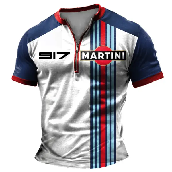 Men's Racing Vintage Color Block Zipper Henley Collar Short Sleeve T-Shirt - Dozenlive.com 