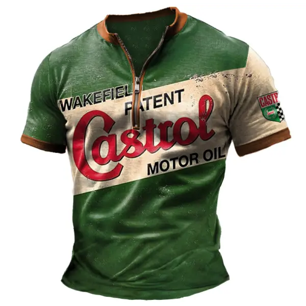 Men's Castrol Motor Oil Racing Vintage Color Block Zipper Henley Collar Short Sleeve T-Shirt - Cotosen.com