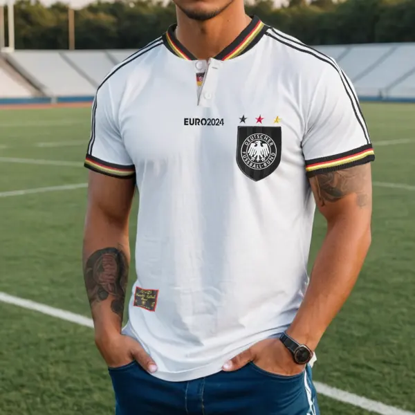 Men's Football Race 2024 Germany Loose Short Sleeve Block Henley Neck T-Shirt - Cotosen.com