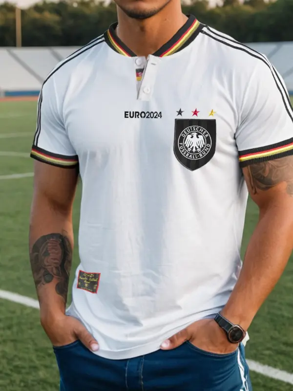 Men's Football Race 2024 Germany Loose Short Sleeve Block Henley Neck T-Shirt - Sunshinetip.com 