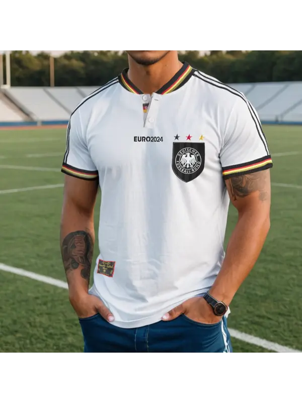 Men's Football Race 2024 Germany Loose Short Sleeve Block Henley Neck T-Shirt - Timetomy.com 