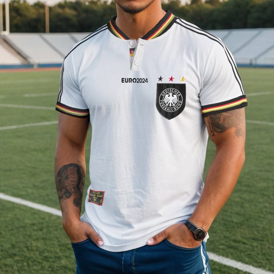 

Men's Football Race 2024 Germany Loose Short Sleeve Block Henley Neck T-Shirt