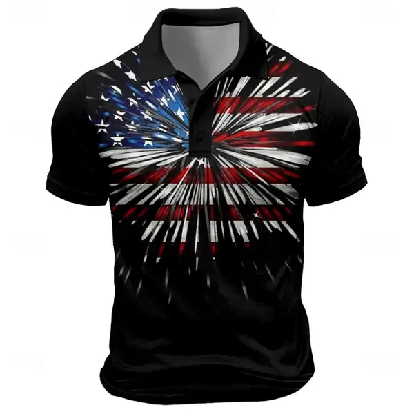 Men's Vintage American Flag Patriotic Fireworks Print Short Sleeve Polo T-Shirt - Dozenlive.com 