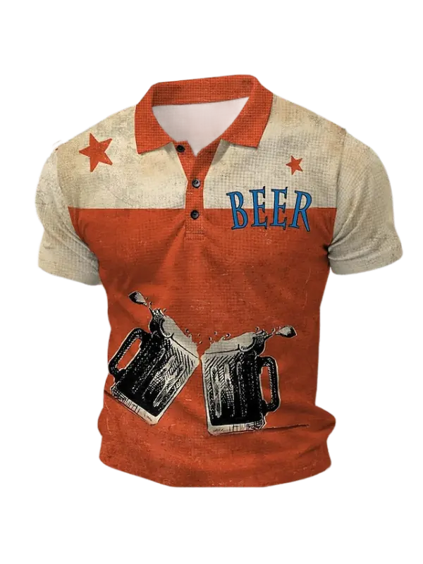 Men's Vintage Beer Drink Print Short Sleeve Polo T-Shirt - Timetomy.com 