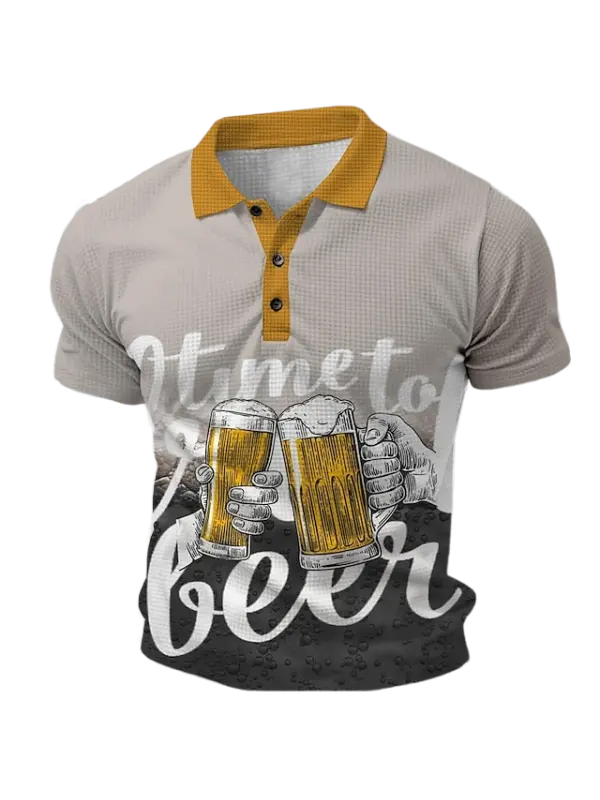 Men's Vintage Beer Drink Print Short Sleeve Polo T-Shirt - Timetomy.com 