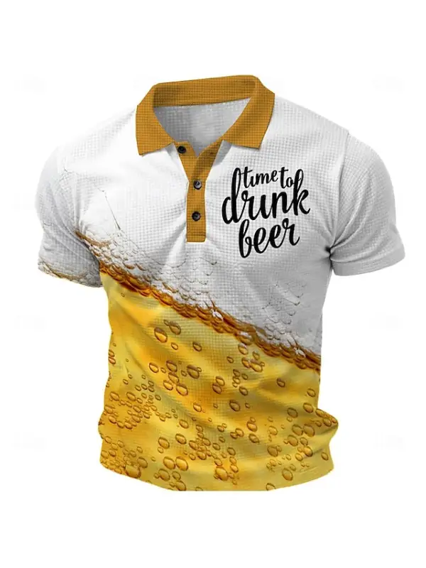 Men's Vintage Beer Drink Print Short Sleeve Polo T-Shirt - Ootdmw.com 