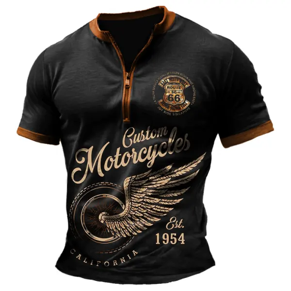 Men's Route66 Motorcycle Flame Races Vintage Color Block Zipper Henley Collar Short Sleeve T-Shirt - Cotosen.com 