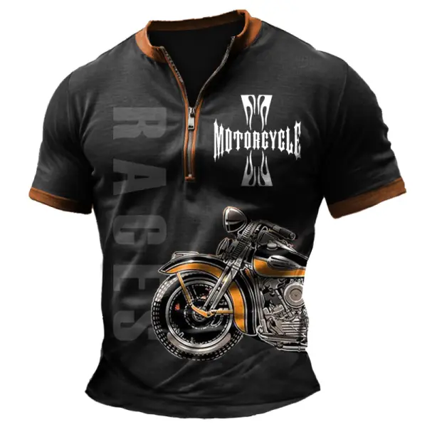 Men's Motorcycle Flame Races Vintage Color Block Zipper Henley Collar Short Sleeve T-Shirt - Anurvogel.com 