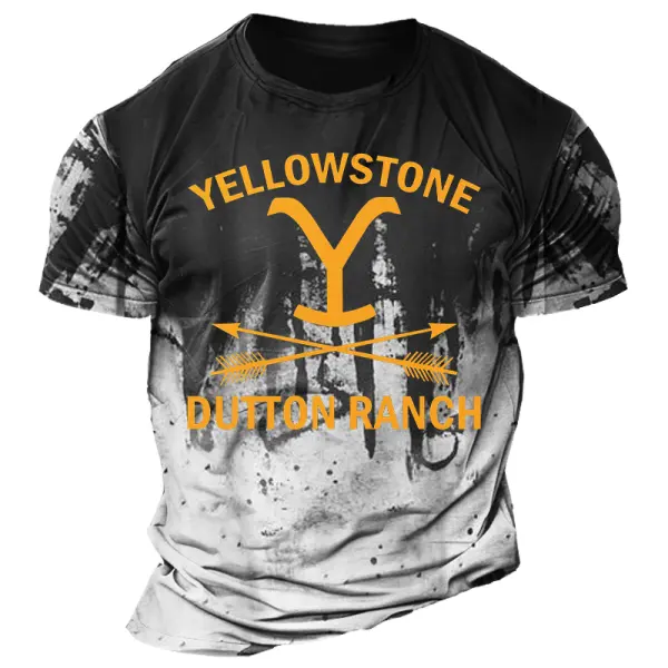 Men's Vintage Yellowstone Ranch Gradient Color Block Graphic Print Crew Neck T-Shirt - Wayrates.com 