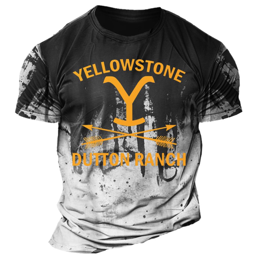 

Men's Vintage Yellowstone Ranch Gradient Color Block Graphic Print Crew Neck T-Shirt