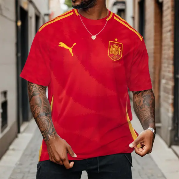 Men's Spain Home Jersey Football Print Loose Short Sleeve Oversized T-Shirt - Dozenlive.com 