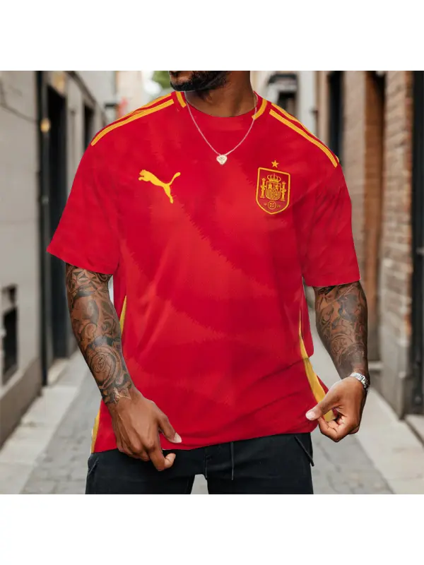 Men's Spain Home Jersey Football Print Loose Short Sleeve Oversized T-Shirt - Anrider.com 
