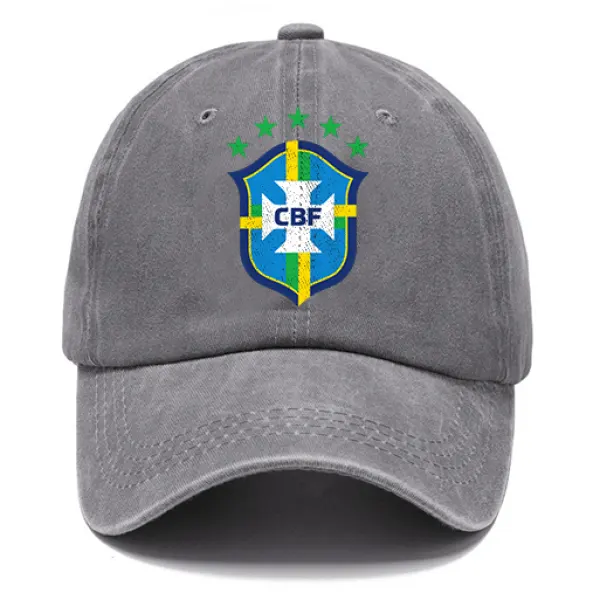 Brazil Football Unisex Washed Cotton Sun Hat Vintage Print Casual Cap - Dozenlive.com 