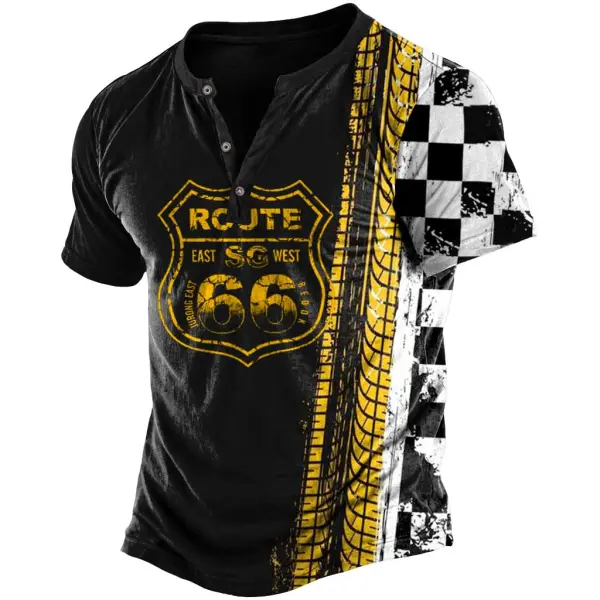 Men's Vintage Route 66 Racing Motorcycle Tire Checkerboard Print Henley Short Sleeve T-Shirt - Wayrates.com 