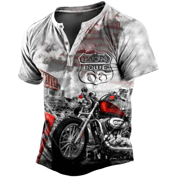 Men's Vintage Route 66 Motorcycle Print Henley Short Sleeve T-Shirt - Cotosen.com