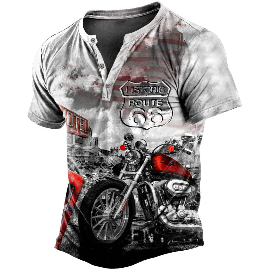 

Men's Vintage Route 66 Motorcycle Print Henley Short Sleeve T-Shirt