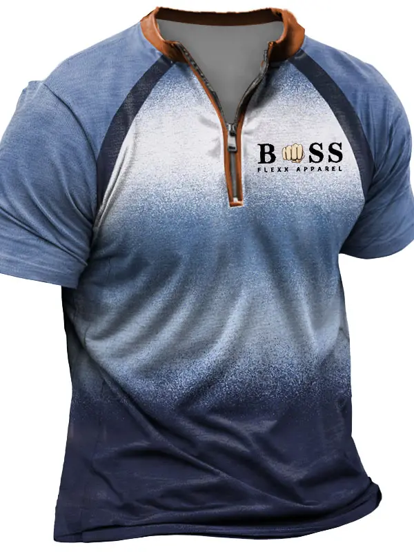 Men's Vintage Gradient Zipper Henley Collar Short Sleeve T-Shirt - Menwyx.com 