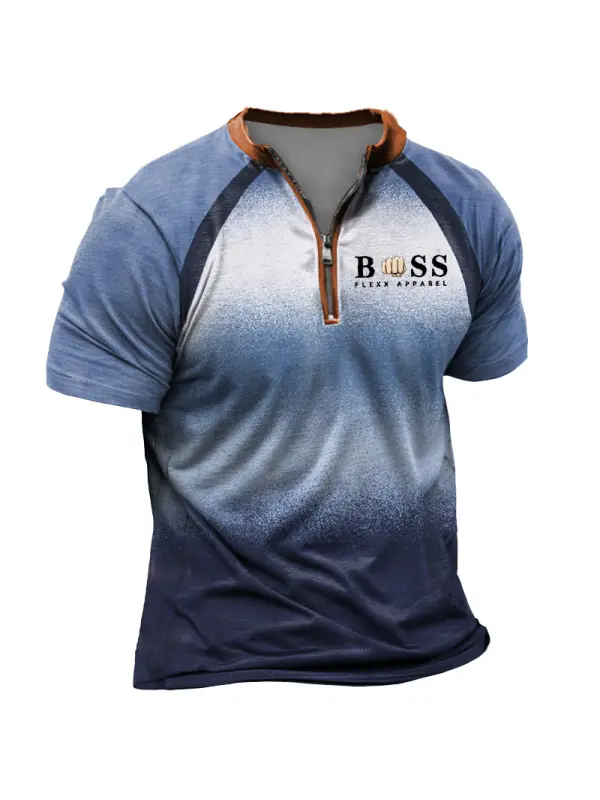 Men's Vintage Gradient Zipper Henley Collar Short Sleeve T-Shirt - Ootdmw.com 