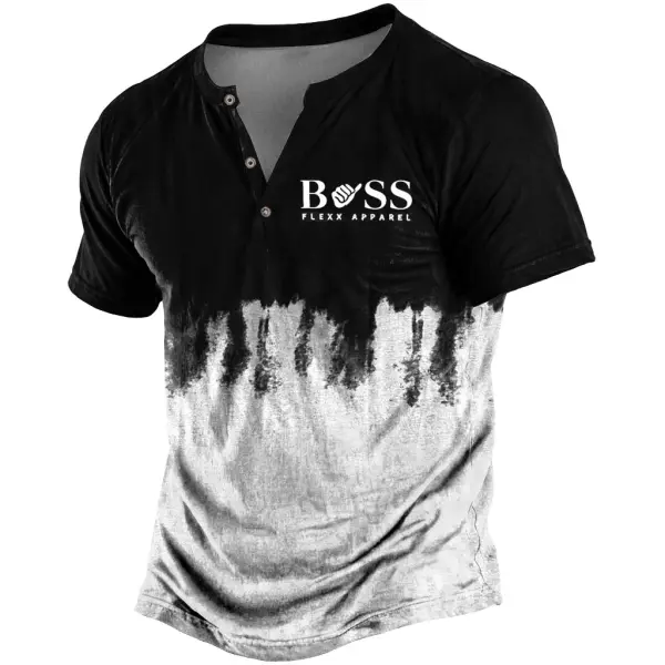 Men's Vintage Gradient Print Henley Short Sleeve T-Shirt - Wayrates.com 