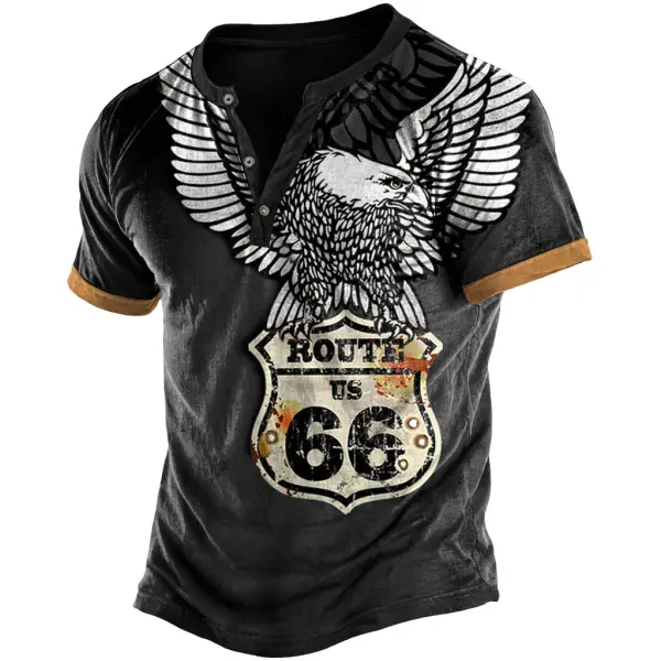 Men's Vintage Route 66 Motorcycle Eagle Print Henley Short Sleeve T-Shirt - Wayrates.com 