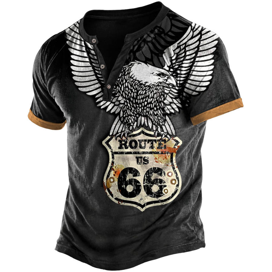 

Men's Vintage Route 66 Motorcycle Eagle Print Henley Short Sleeve T-Shirt