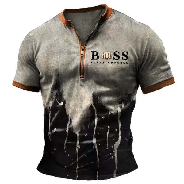 Men's Vintage Gradient Zipper Henley Collar Short Sleeve T-Shirt - Cotosen.com